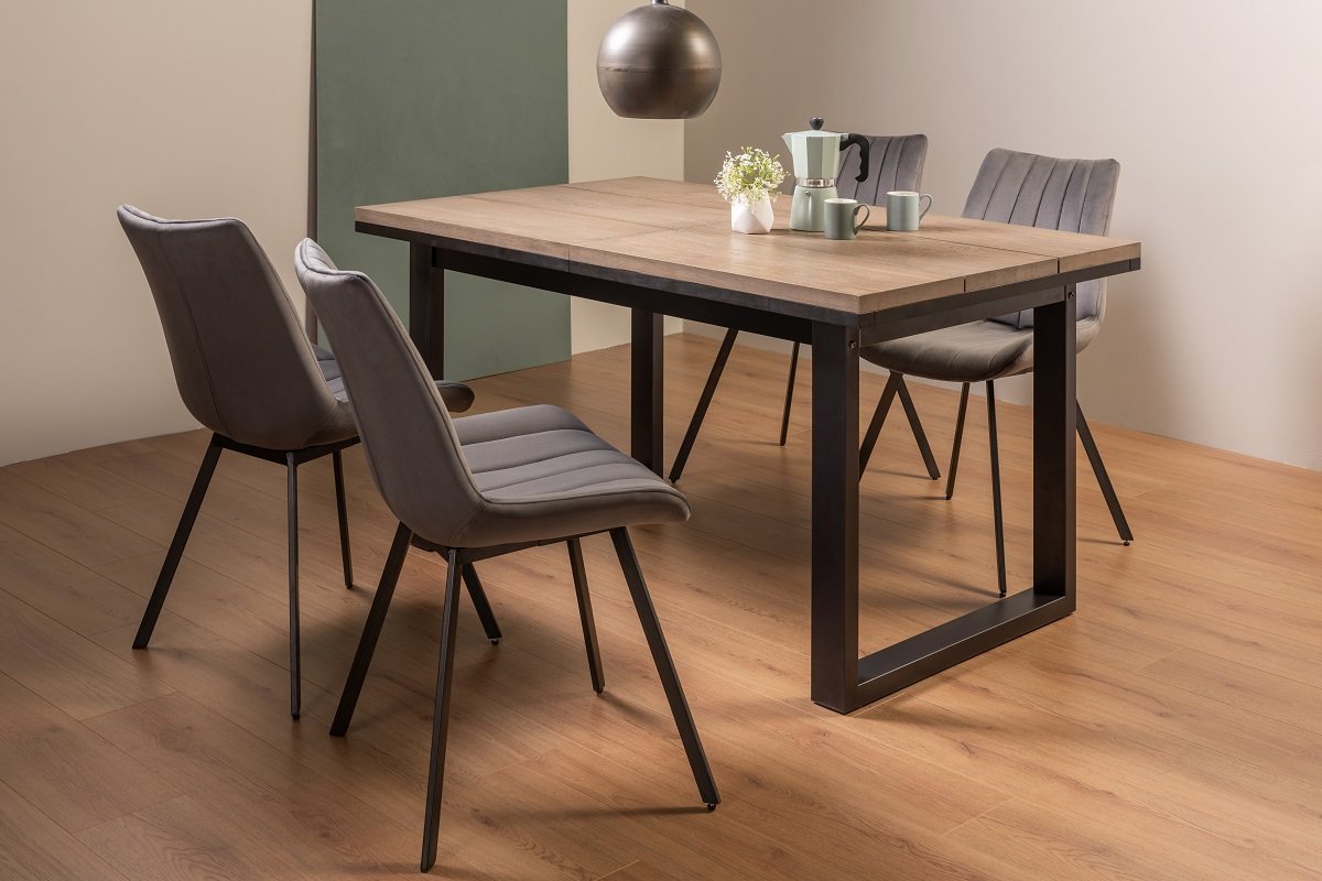 Turner Weathered Oak 4-6 Dining Table & 4 Fontana Grey Velvet Fabric Chairs