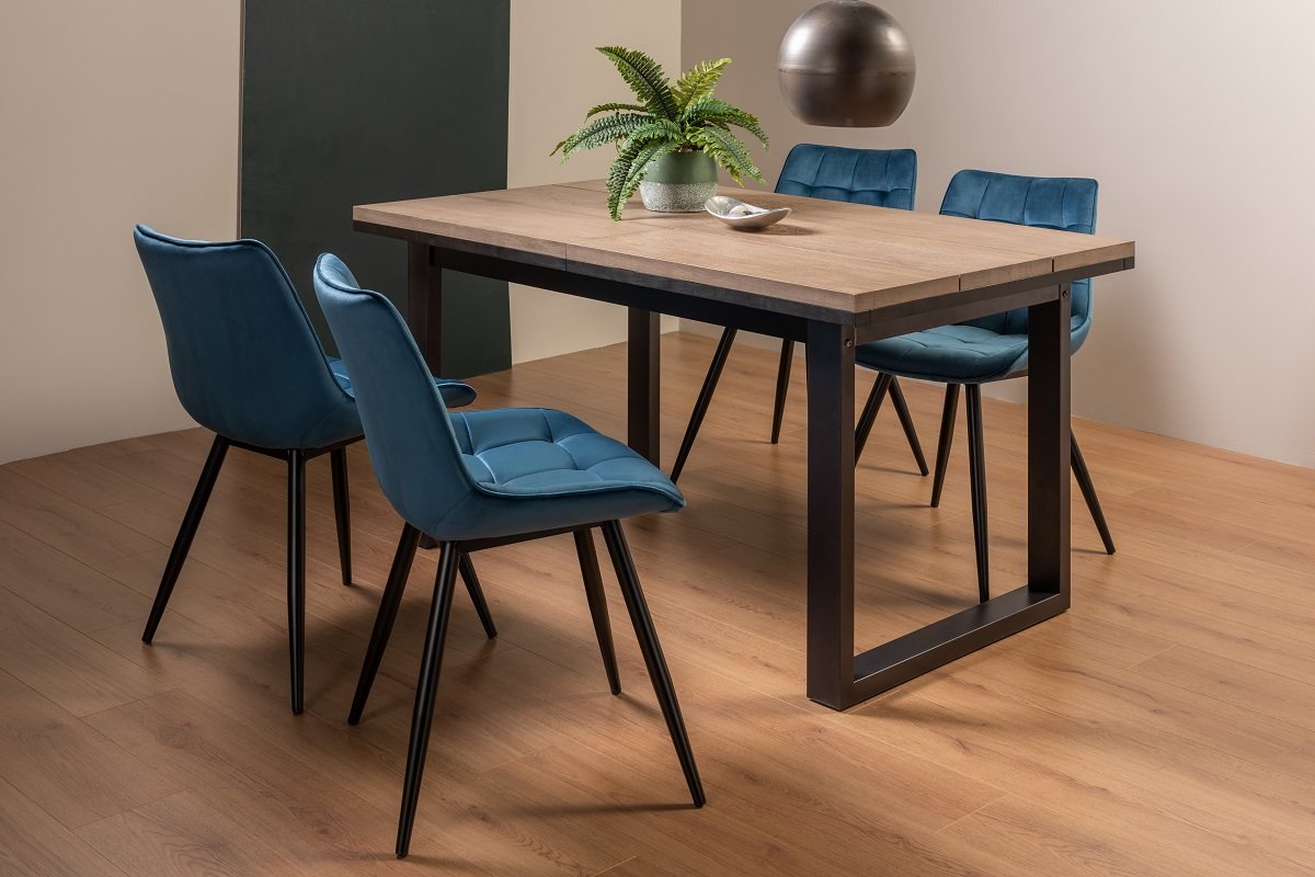 Turner Weathered Oak 4-6 Dining Table & 4 Seurat Blue Velvet Fabric Chairs