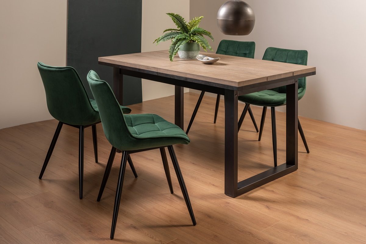 Turner Weathered Oak 4-6 Dining Table & 4 Seurat Green Velvet Fabric Chairs