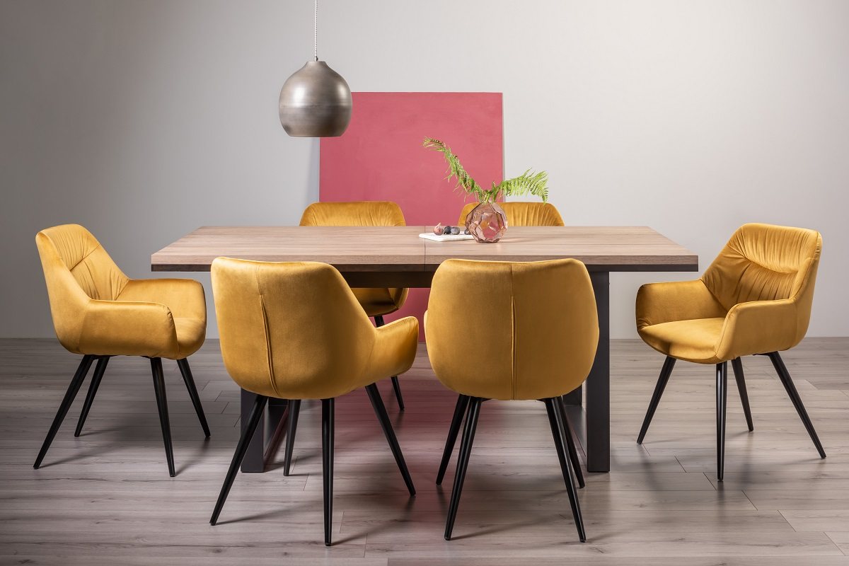 Turner Weathered Oak 6-8 Dining Table & 6 Dali Mustard Velvet Fabric Chairs