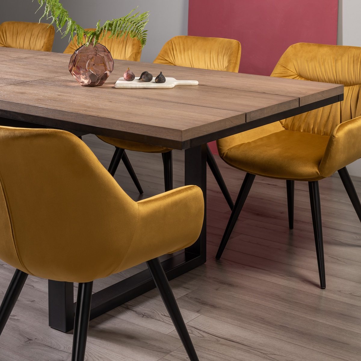 Turner - Weathered Oak 6-8 Seater Extendable Table & 6 Mustard Velvet Dali Dining Chairs