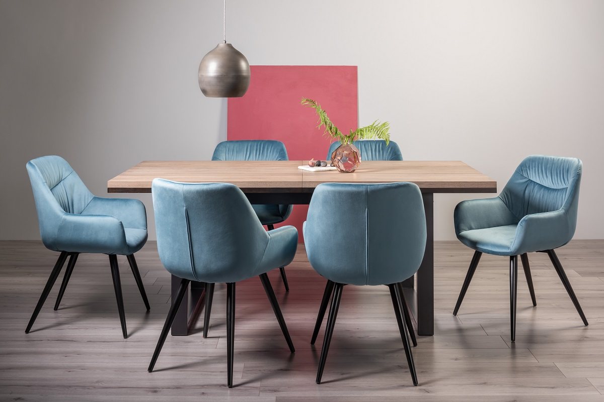 Turner Weathered Oak 6-8 Dining Table & 6 Dali Petrol Blue Velvet Fabric Chairs