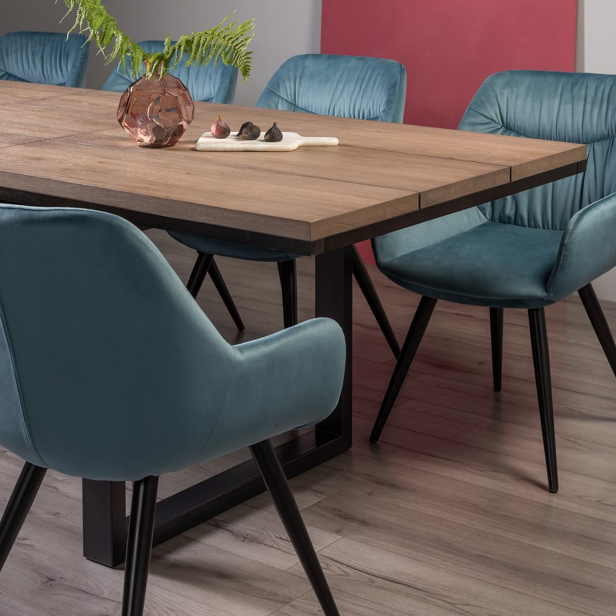 Turner - Weathered Oak 6-8 Seater Extendable Dining Table & 6 Blue Velvet Dali Dining Chairs