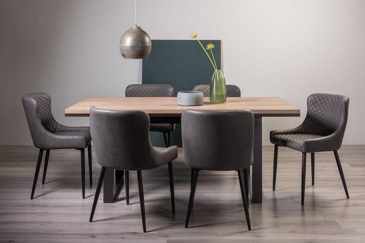 Turner Weathered Oak 6-8 Dining Table & 6 Cezanne Chairs in Dark Grey Faux Leather with Black Legs