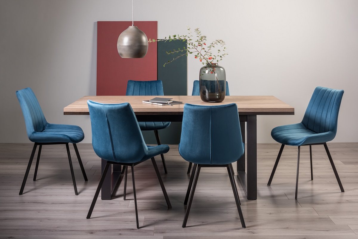 Turner Weathered Oak 6-8 Dining Table & 6 Fontana Blue Velvet Fabric Chairs