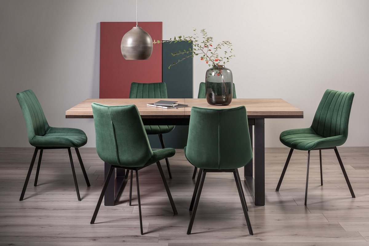 Turner Weathered Oak 6-8 Dining Table & 6 Fontana Green Velvet Fabric Chairs