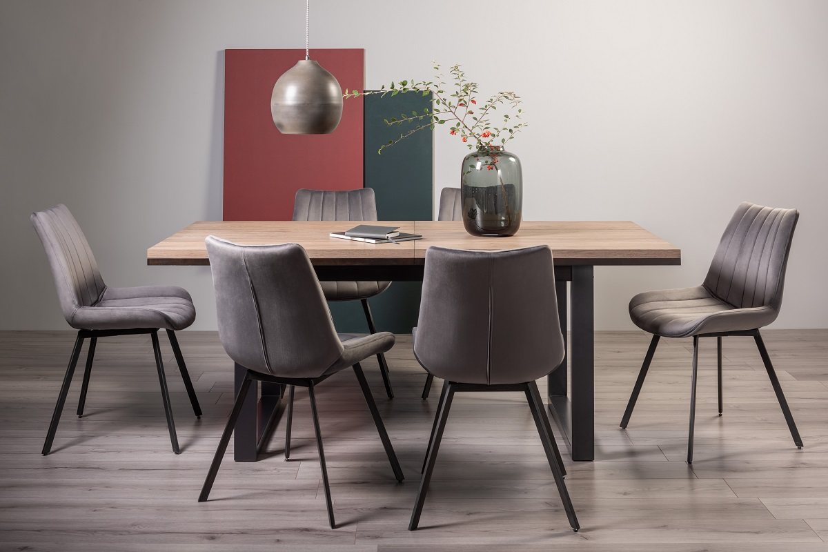 Turner Weathered Oak 6-8 Dining Table & 6 Fontana Grey Velvet Fabric Chairs
