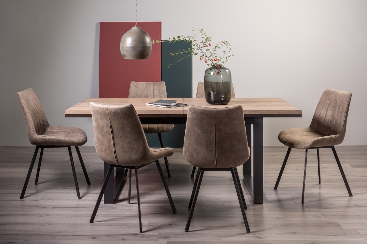 Turner Weathered Oak 6-8 Dining Table & 6 Fontana Tan Faux Suede Chairs