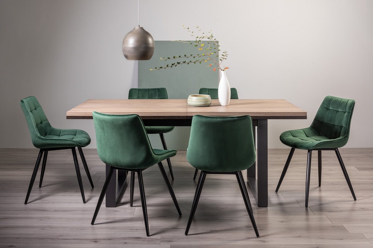 Turner Weathered Oak 6-8 Dining Table & 6 Seurat Green Velvet Fabric Chairs