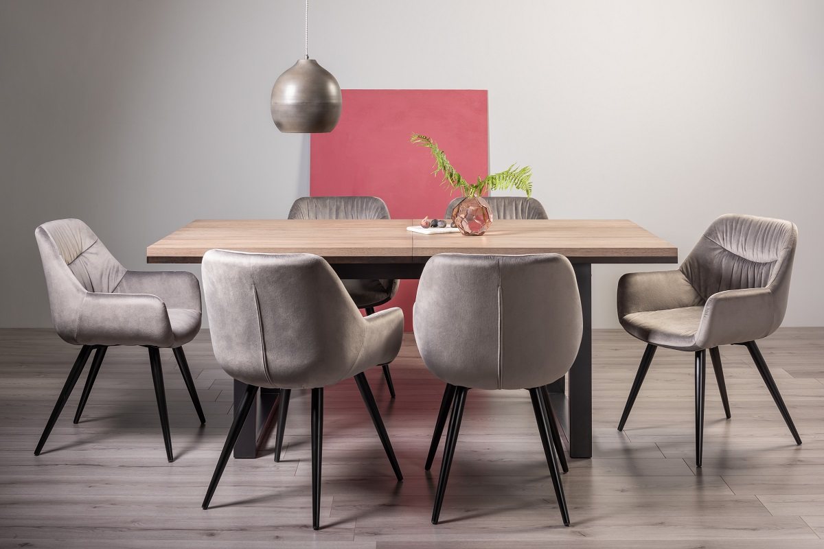 Turner Weathered Oak 6-8 Dining Table & 6 Dali Grey Velvet Fabric Chairs