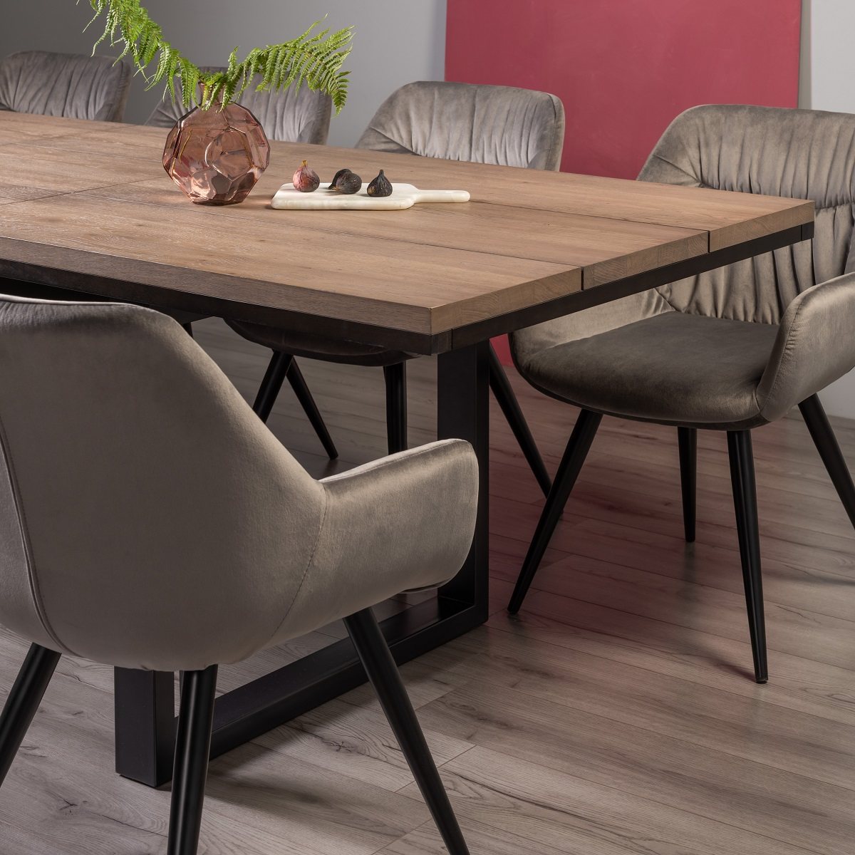 Turner - Weathered Oak 6-8 Seater Extendable Dining Table & 6 Grey Velvet Dali Dining Chairs