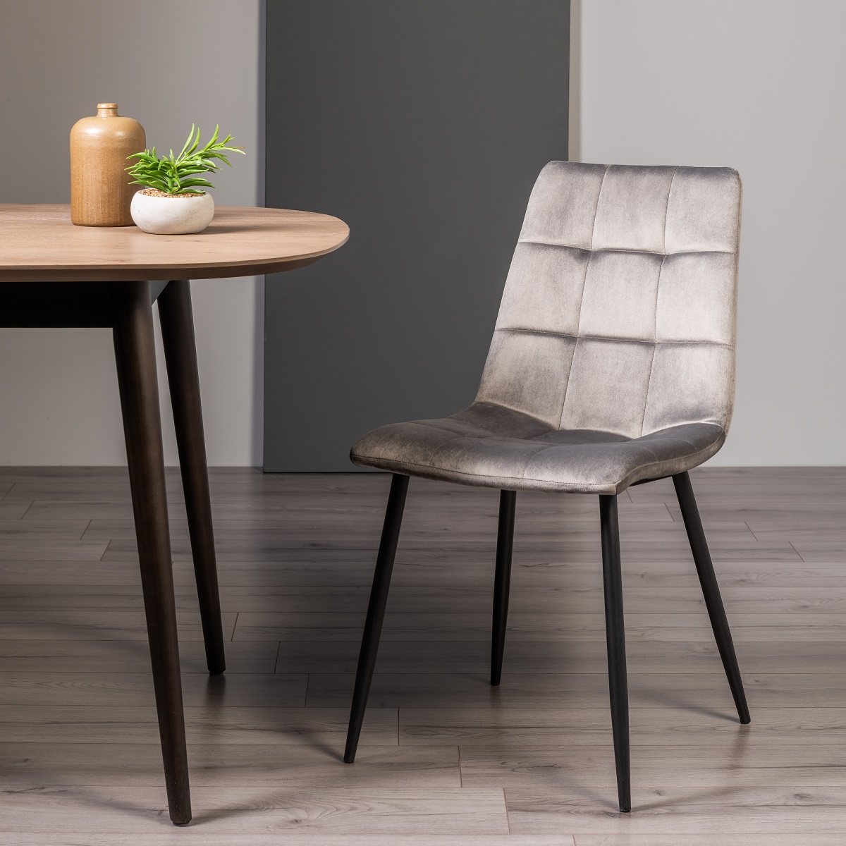 Mondrian Grey Velvet Fabric Chairs with Black Legs