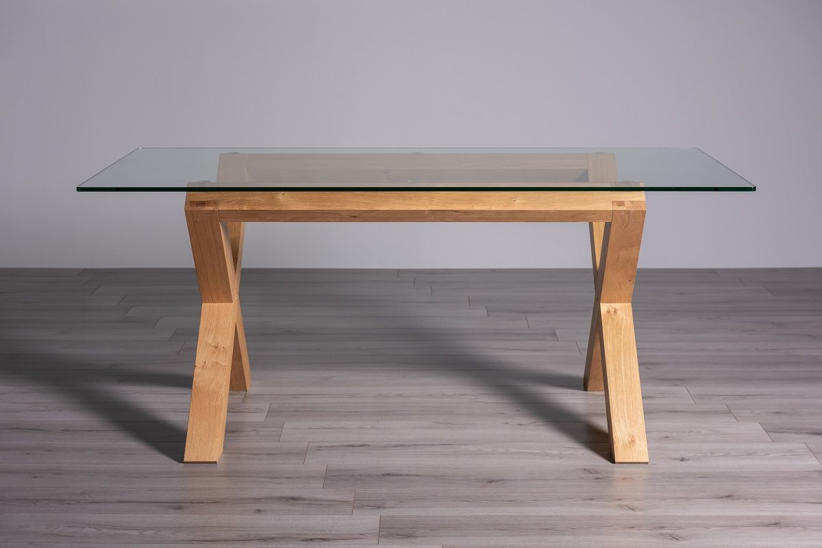 Goya - Light Oak Glass 6 Seater Dining Table & 6 Dark Grey Faux Leather Cezanne Dining Chairs