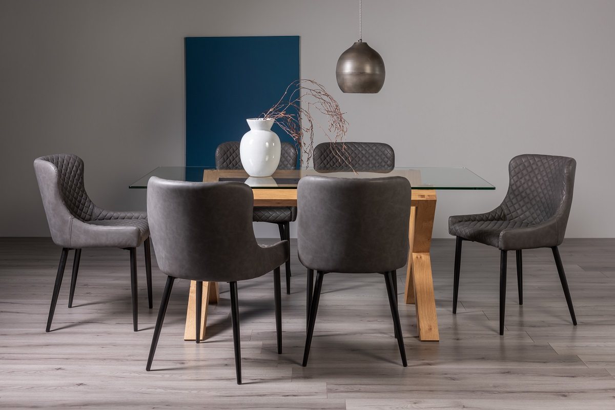 Goya Light Oak Glass 6 Seater Dining Table & 6 Cezanne Chairs in Dark Grey Faux Leather with Black Legs