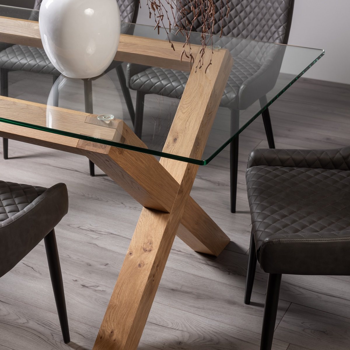 Goya - Light Oak Glass 6 Seater Dining Table & 6 Dark Grey Faux Leather Cezanne Dining Chairs