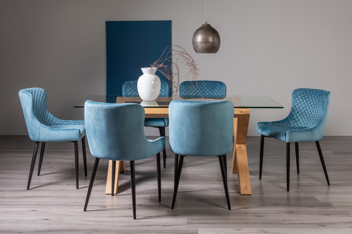 Goya Light Oak Glass 6 Seater Dining Table & 6 Cezanne Chairs in Petrol Blue Velvet Fabric with Black Legs