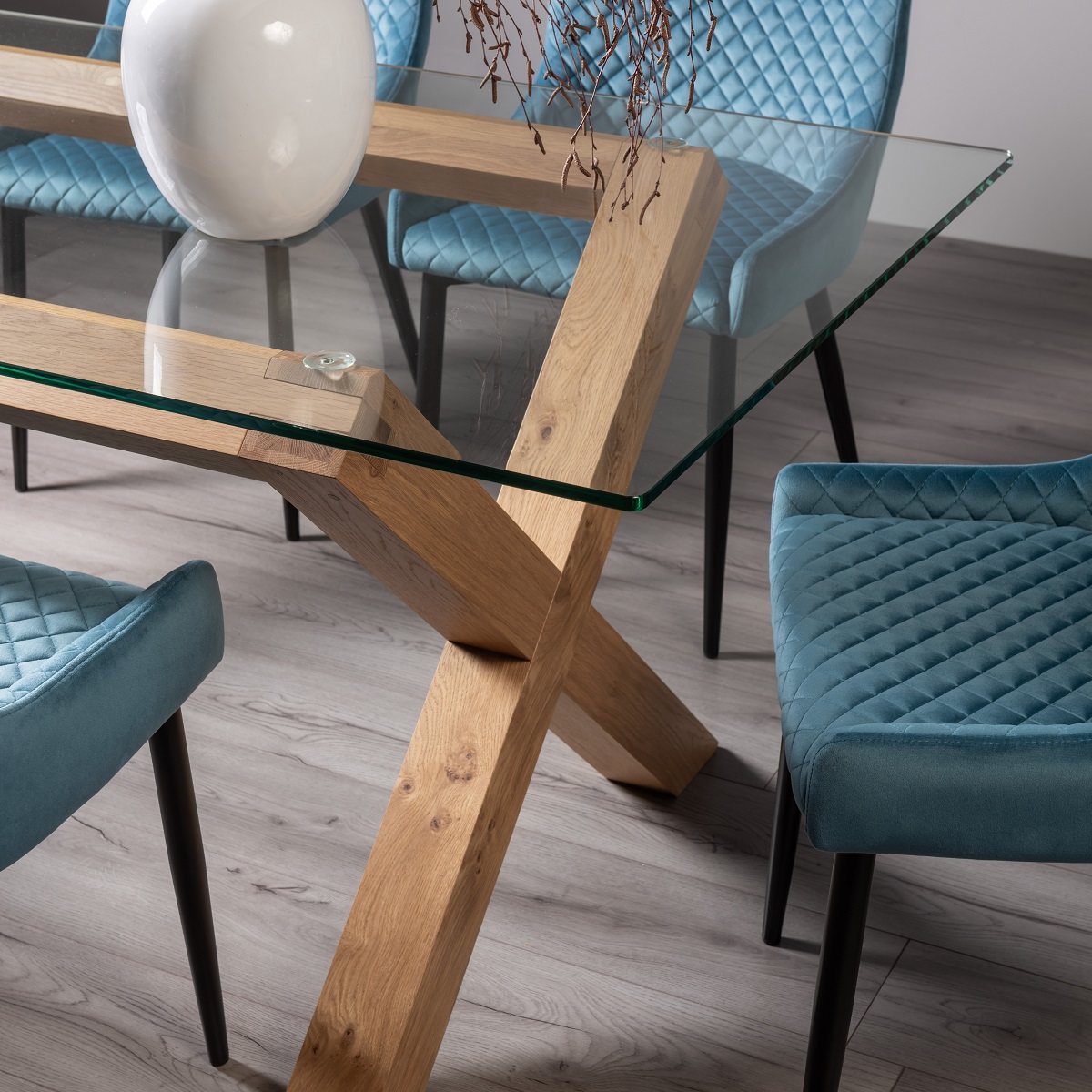 Goya - Light Oak Glass 6 Seater Dining Table & 6 Blue Velvet Cezanne Dining Chairs