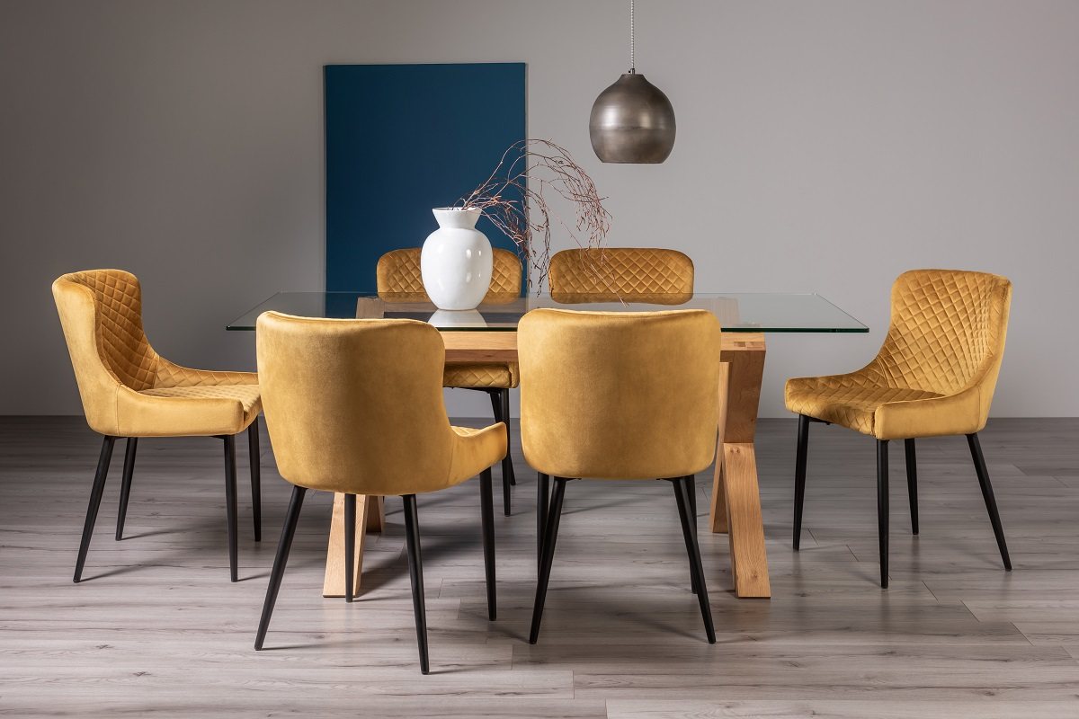 Goya Light Oak Glass 6 Seater Dining Table & 6 Cezanne Chairs in Mustard Velvet Fabric with Black Legs