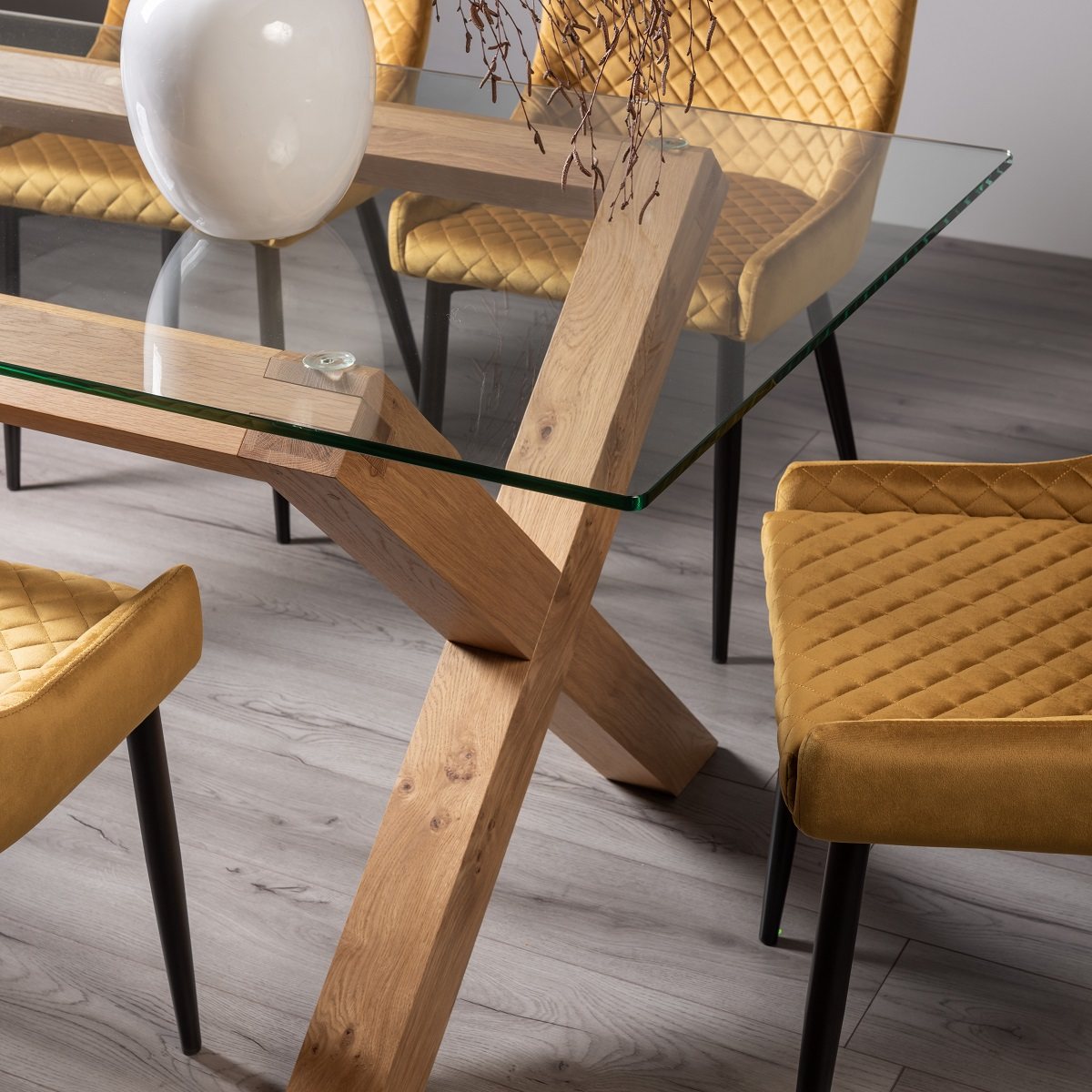 Goya - Light Oak Glass 6 Seater Dining Table & 6 Mustard Velvet Cezanne Dining Chairs