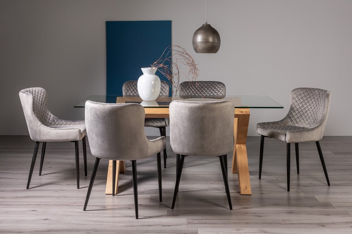 Goya Light Oak Glass 6 Seater Dining Table & 6 Cezanne Chairs in Grey Velvet Fabric with Black Legs