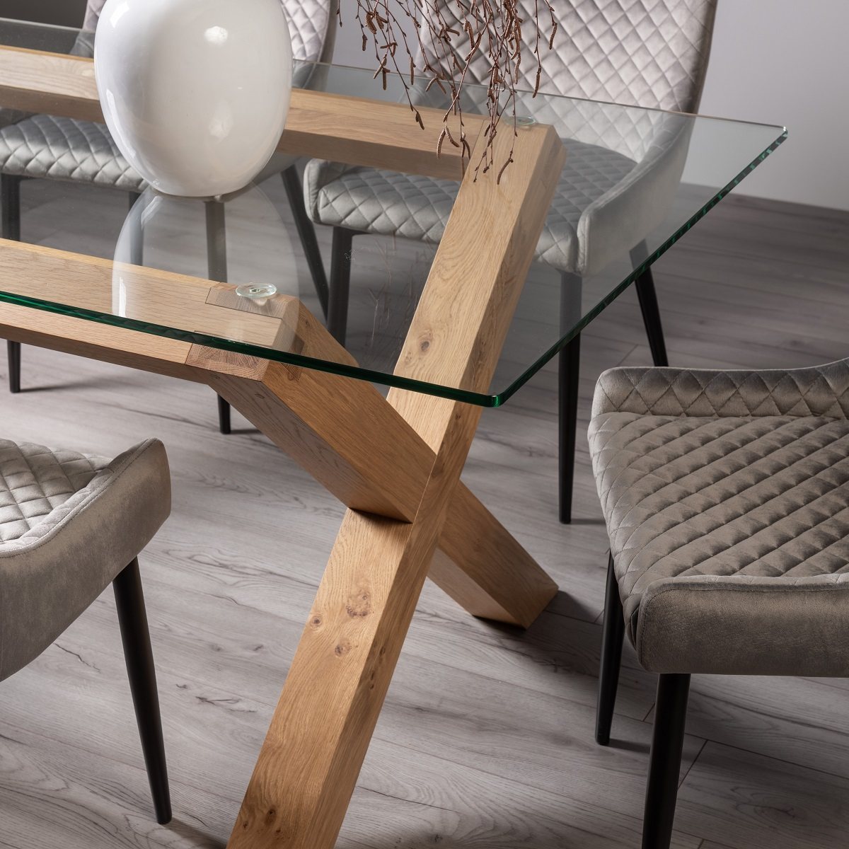 Goya - Light Oak Glass 6 Seater Dining Table & 6 Grey Velvet Cezanne Dining Chairs