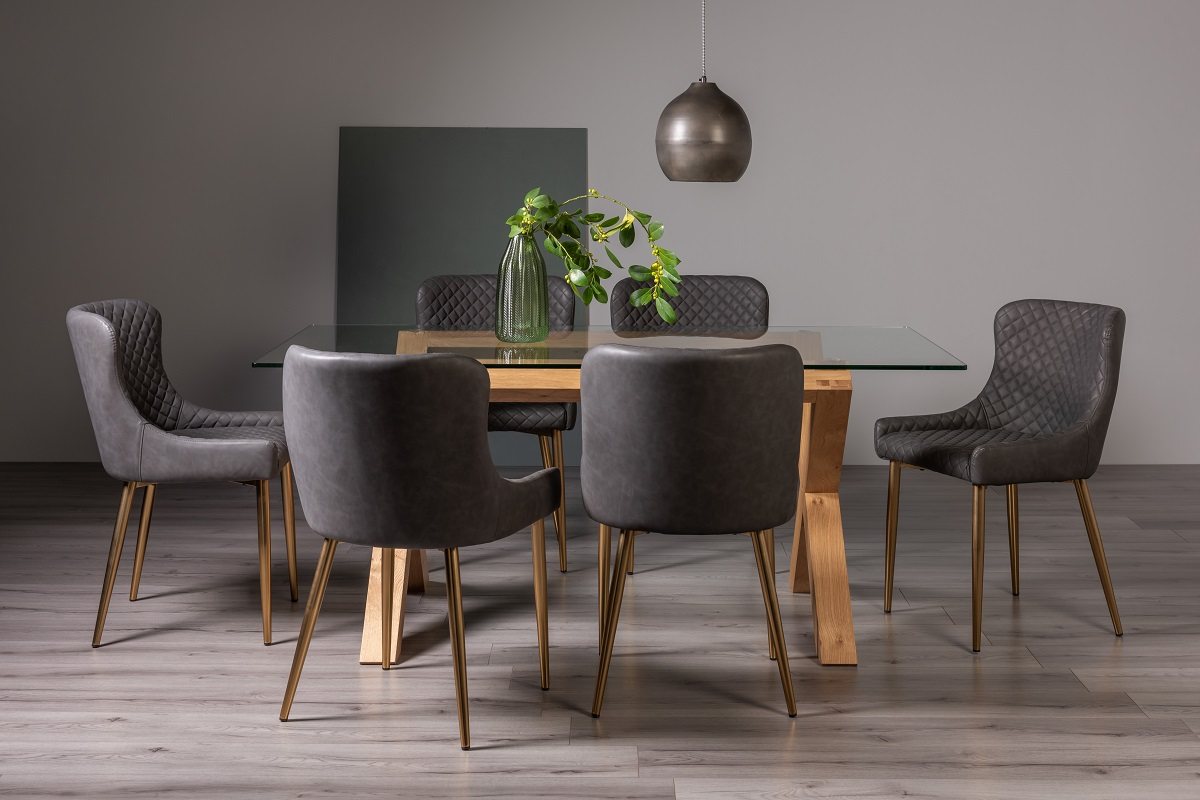 Goya Light Oak Glass 6 Seater Dining Table & 6 Cezanne Chairs in Dark Grey Faux Leather with Gold Legs