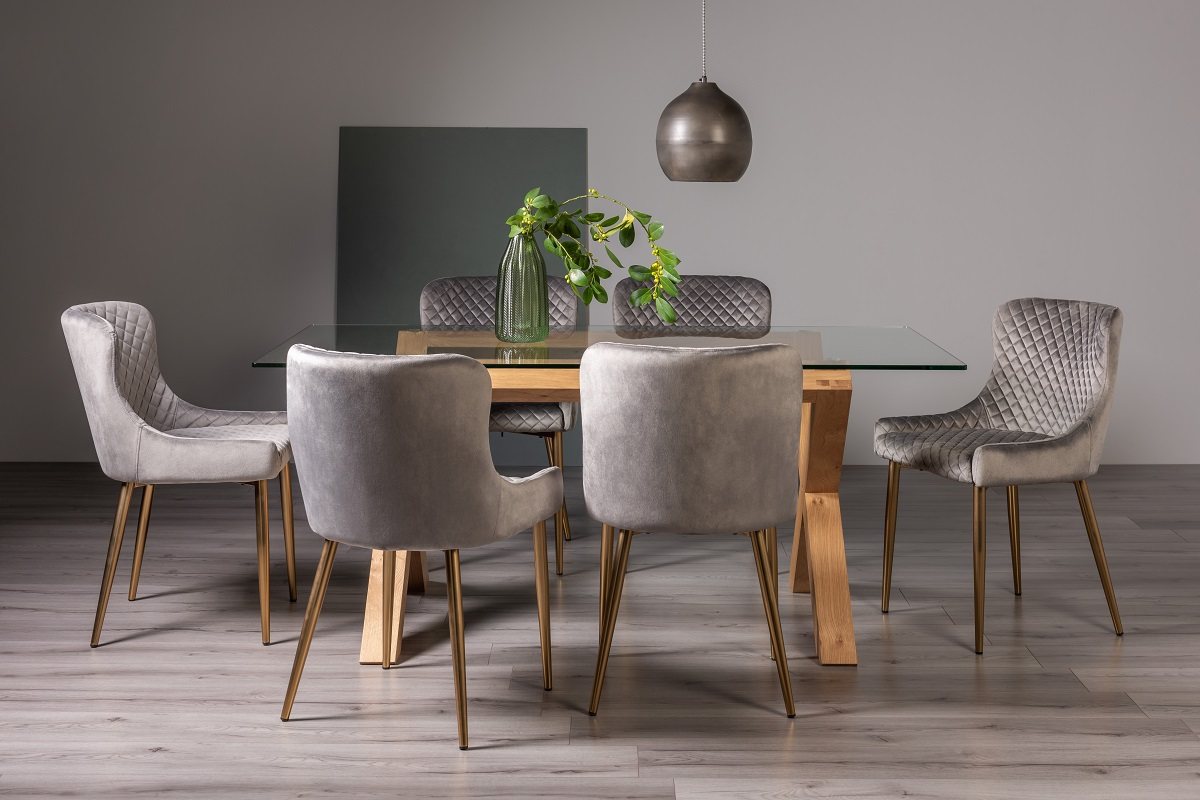 Goya Light Oak Glass 6 Seater Dining Table & 6 Cezanne Chairs in Grey Velvet Fabric with Gold Legs