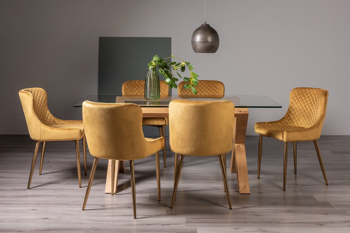 Goya Light Oak Glass 6 Seater Dining Table & 6 Cezanne Chairs in Mustard Velvet Fabric with Gold Legs