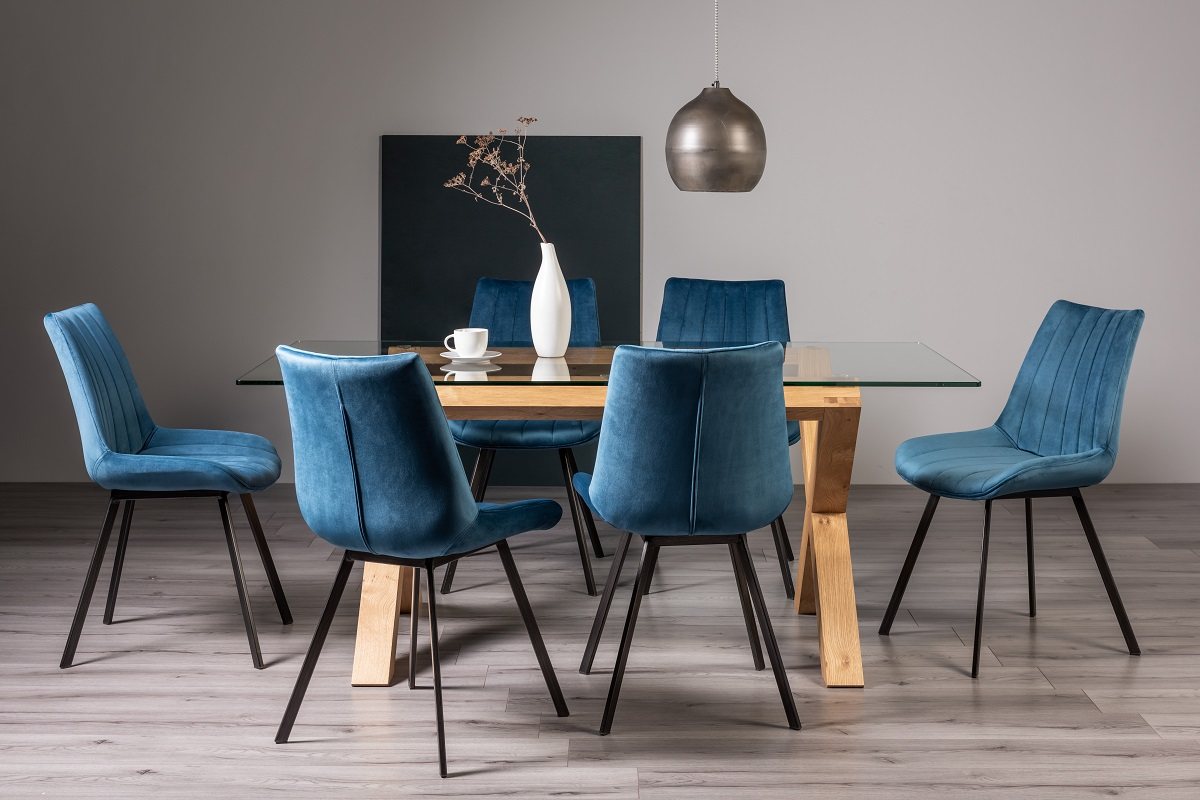 Goya Light Oak Glass 6 Seater Dining Table & 6 Fontana Blue Velvet Fabric Chairs