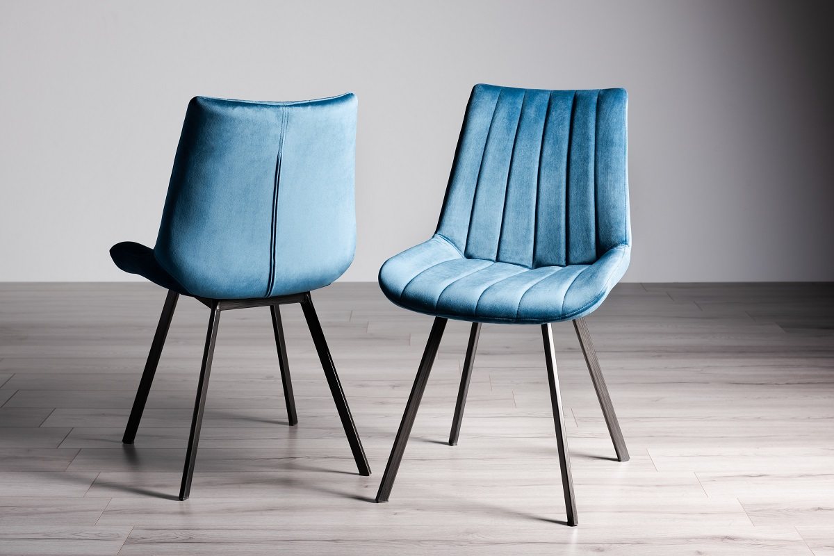 Goya - Light Oak Glass 6 Seater Dining Table & 6 Blue Velvet Fontana Dining Chairs