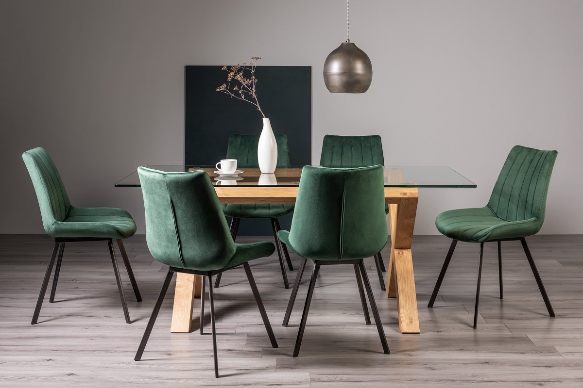 Goya Light Oak Glass 6 Seater Dining Table & 6 Fontana Green Velvet Fabric Chairs