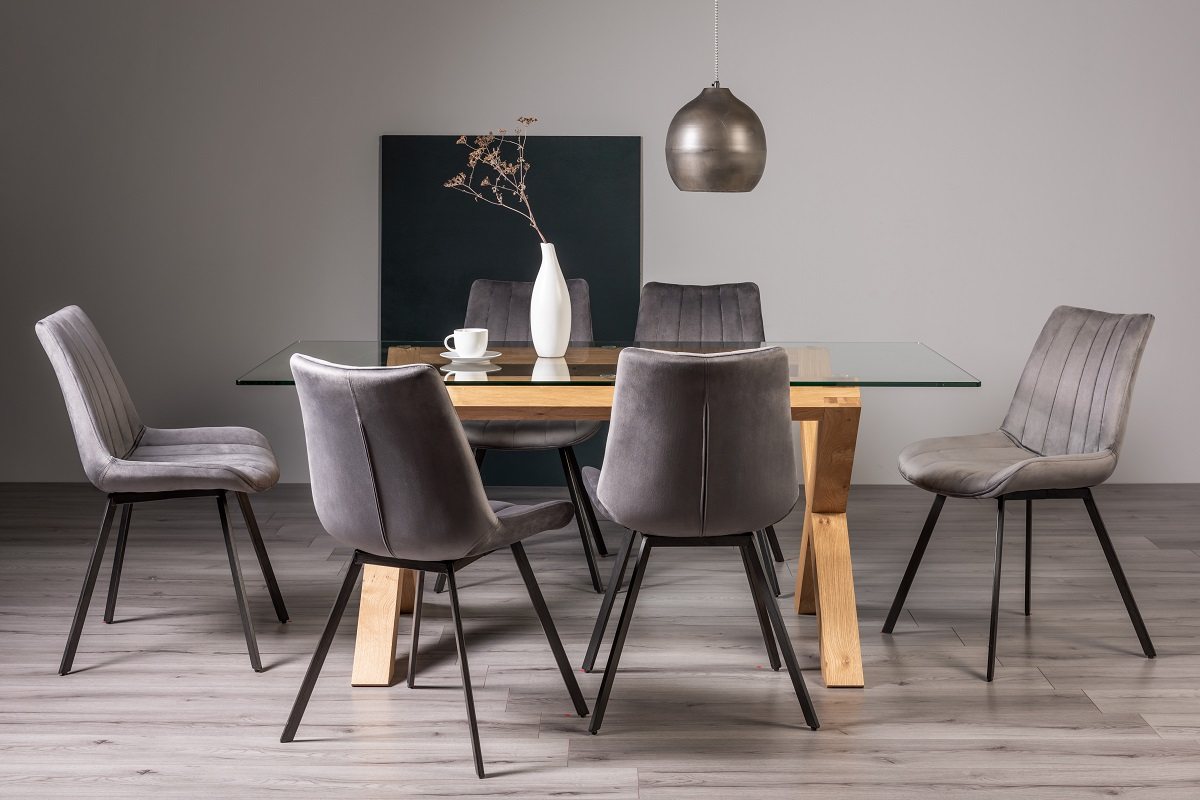 Goya Light Oak Glass 6 Seater Dining Table & 6 Fontana Grey Velvet Fabric Chairs