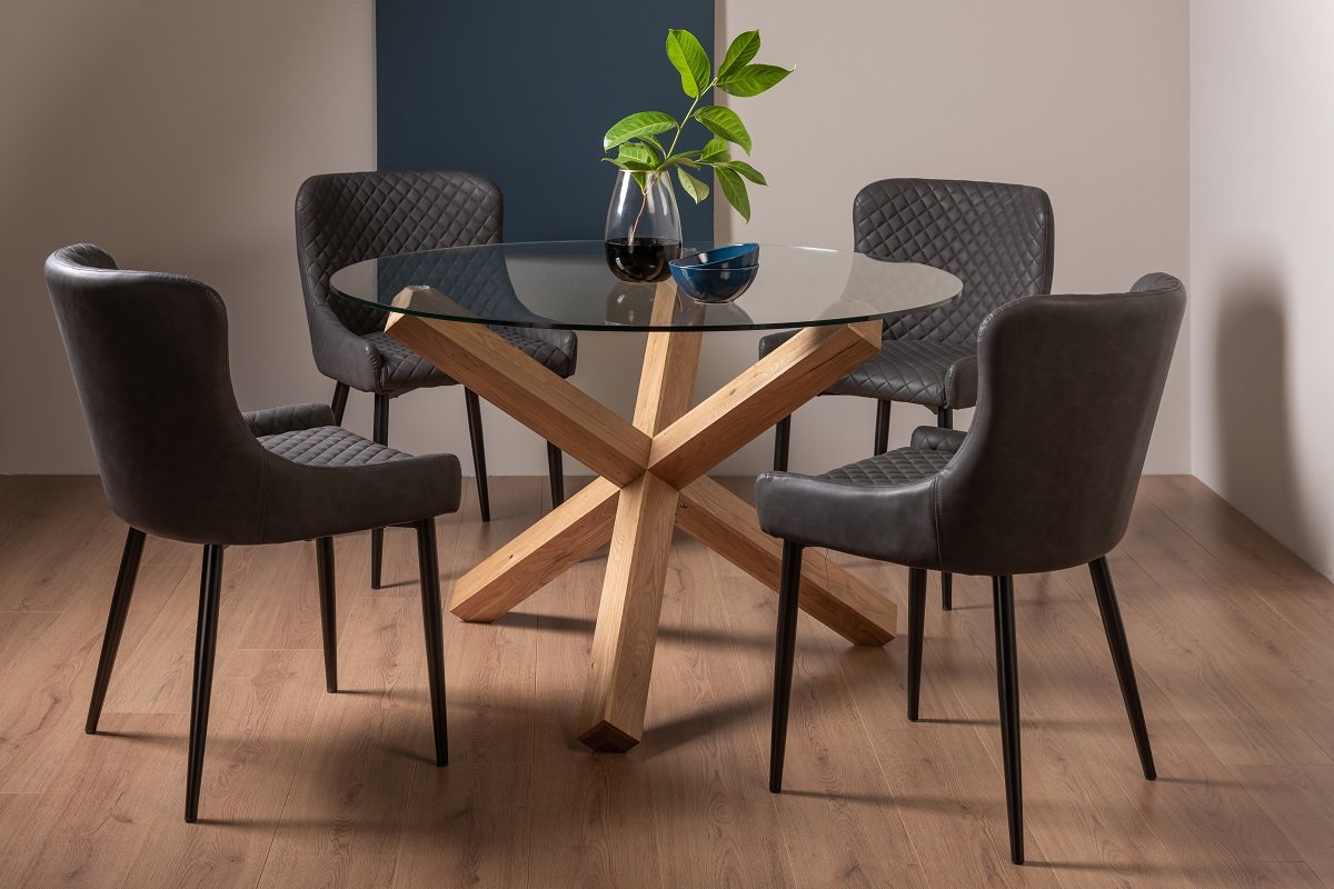 Goya Light Oak Glass 4 Seater Dining Table & 4 Cezanne Chairs in Dark Grey Faux Leather with Black Legs