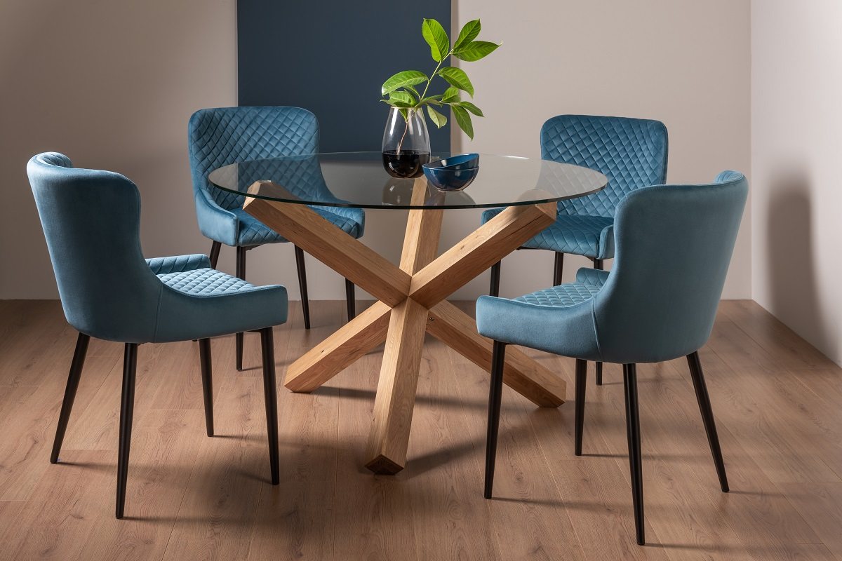 Goya Light Oak Glass 4 Seater Dining Table & 4 Cezanne Chairs in Petrol Blue Velvet Fabric with Black Legs