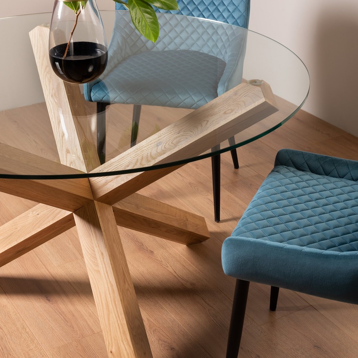 Goya - Light Oak Glass 4 Seater Dining Table & 4 Blue Velvet Cezanne Dining Chairs