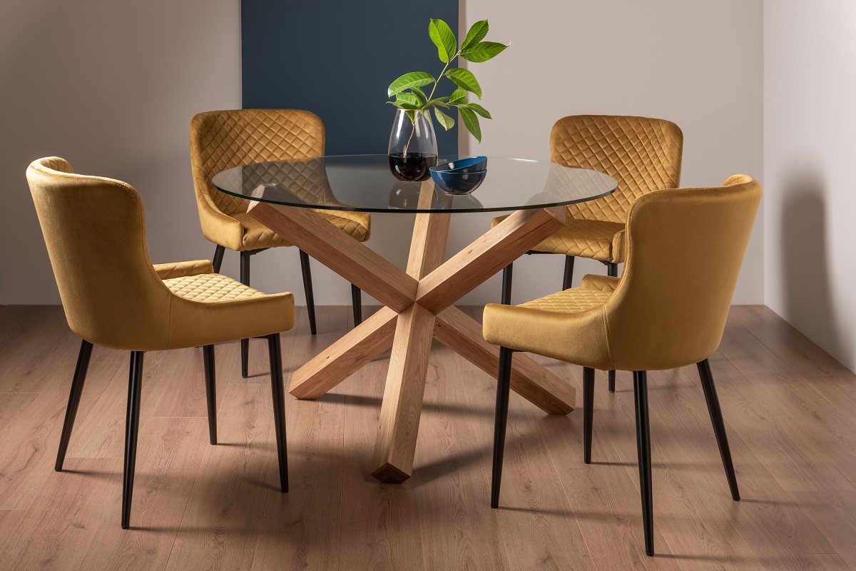 Goya Light Oak Glass 4 Seater Dining Table & 4 Cezanne Chairs in Mustard Velvet Fabric with Black Legs