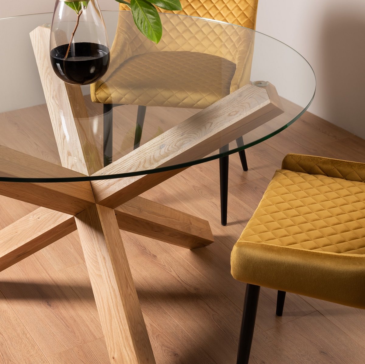 Goya - Light Oak Glass 4 Seater Dining Table & 4 Mustard Velvet Cezanne Dining Chairs