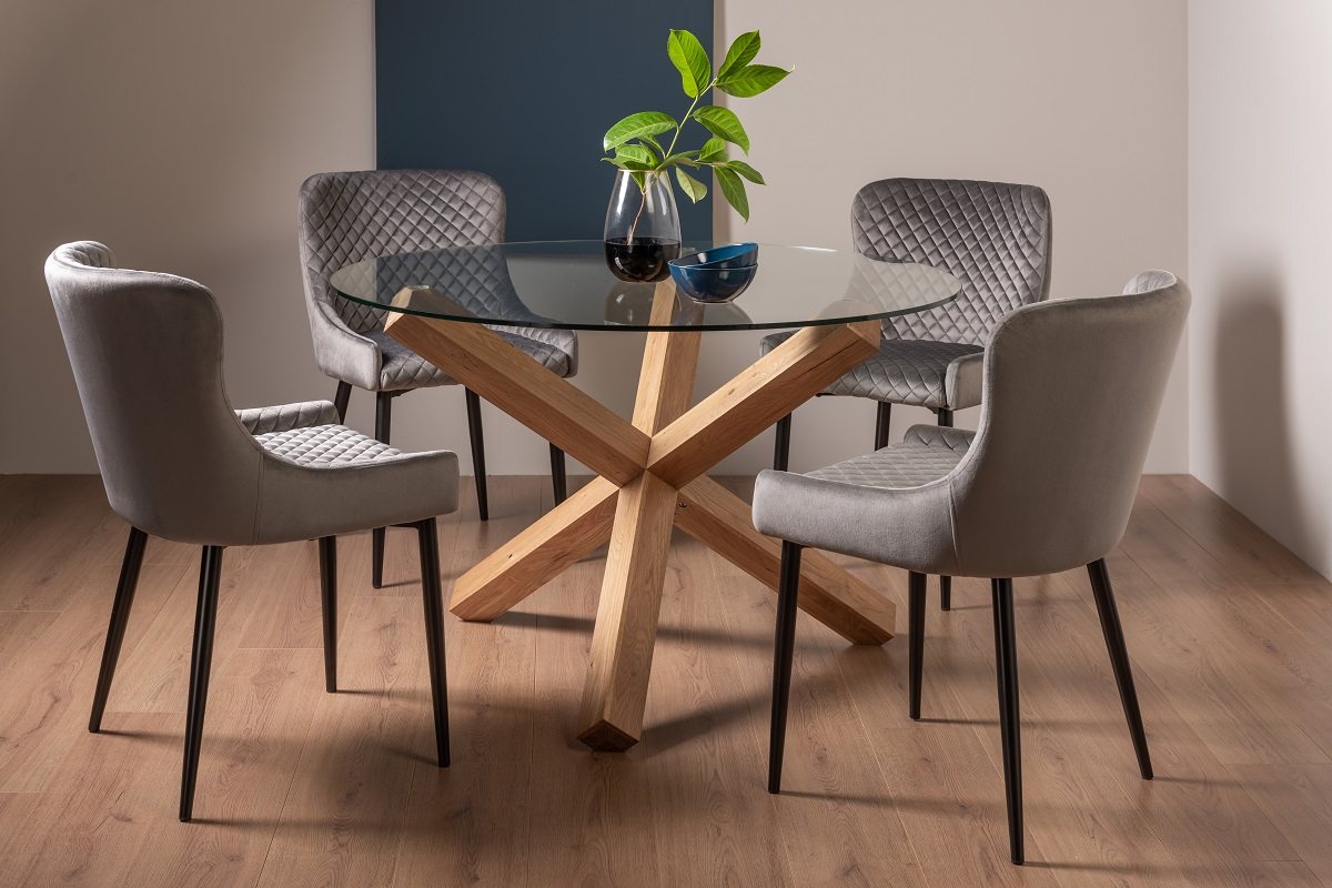 Goya Light Oak Glass 4 Seater Dining Table & 4 Cezanne Chairs in Grey Velvet Fabric with Black Legs