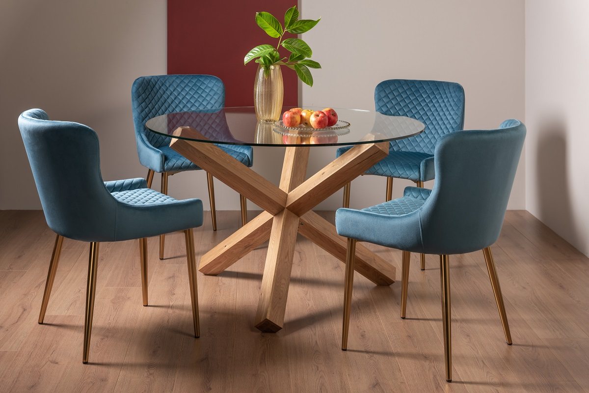 Goya Light Oak Glass 4 Seater Dining Table & 4 Cezanne Chairs in Petrol Blue Velvet Fabric with Gold Legs