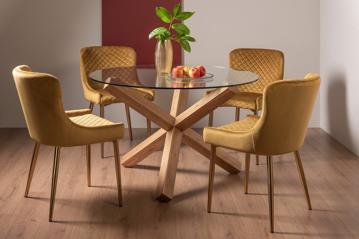 Goya Light Oak Glass 4 Seater Dining Table & 4 Cezanne Chairs in Mustard Velvet Fabric with Gold Legs