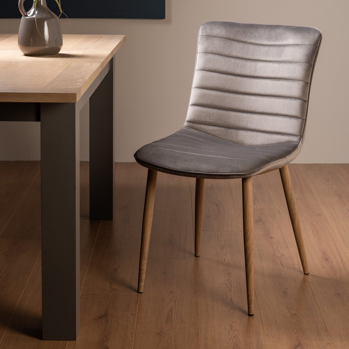 Eriksen Grey Velvet Fabric Chairs with Grey Rustic Oak Effect Legs