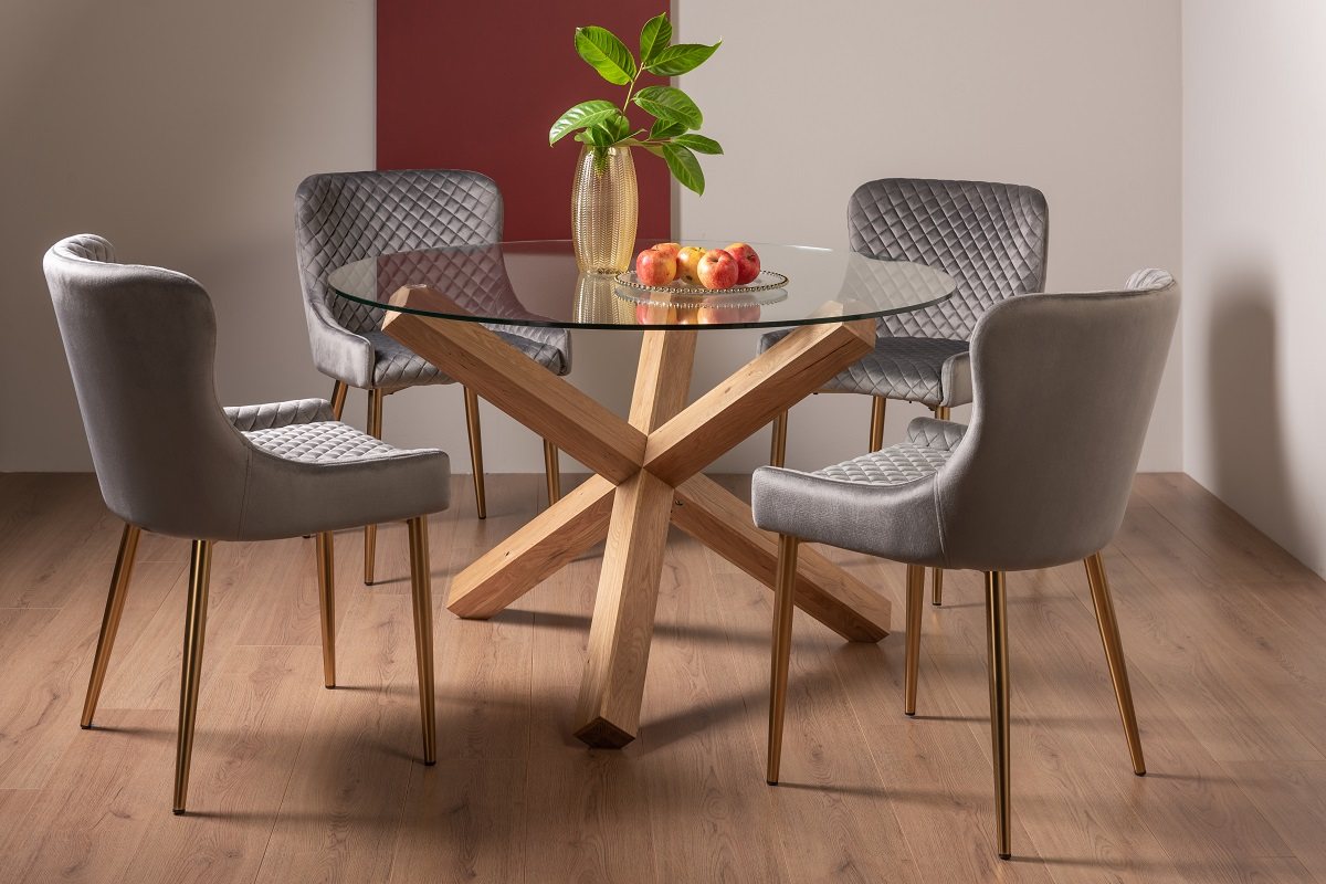 Goya Light Oak Glass 4 Seater Dining Table & 4 Cezanne Chairs in Grey Velvet Fabric with Gold Legs