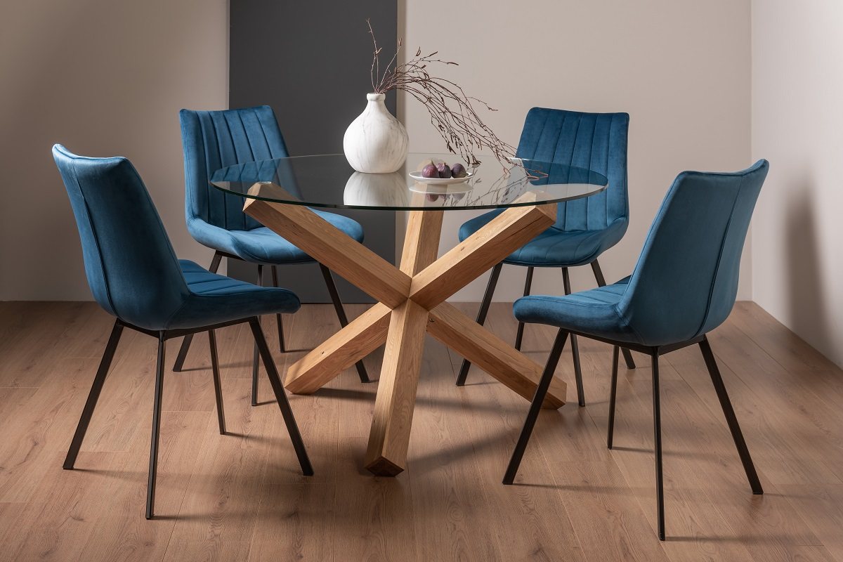 Goya Light Oak Glass 4 Seater Dining Table & 4 Fontana Blue Velvet Fabric Chairs