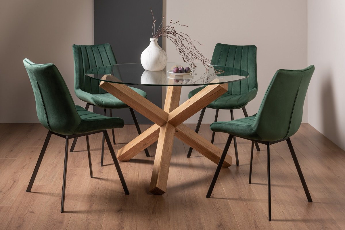 Goya Light Oak Glass 4 Seater Dining Table & 4 Fontana Green Velvet Fabric Chairs