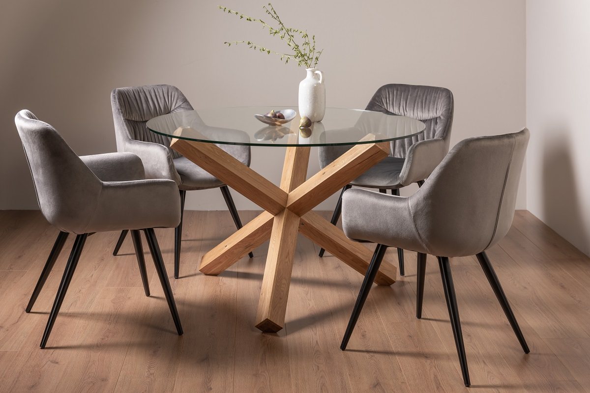 Goya Light Oak Glass 4 Seater Dining Table & 4 Dali Chairs in Grey Velvet Fabric