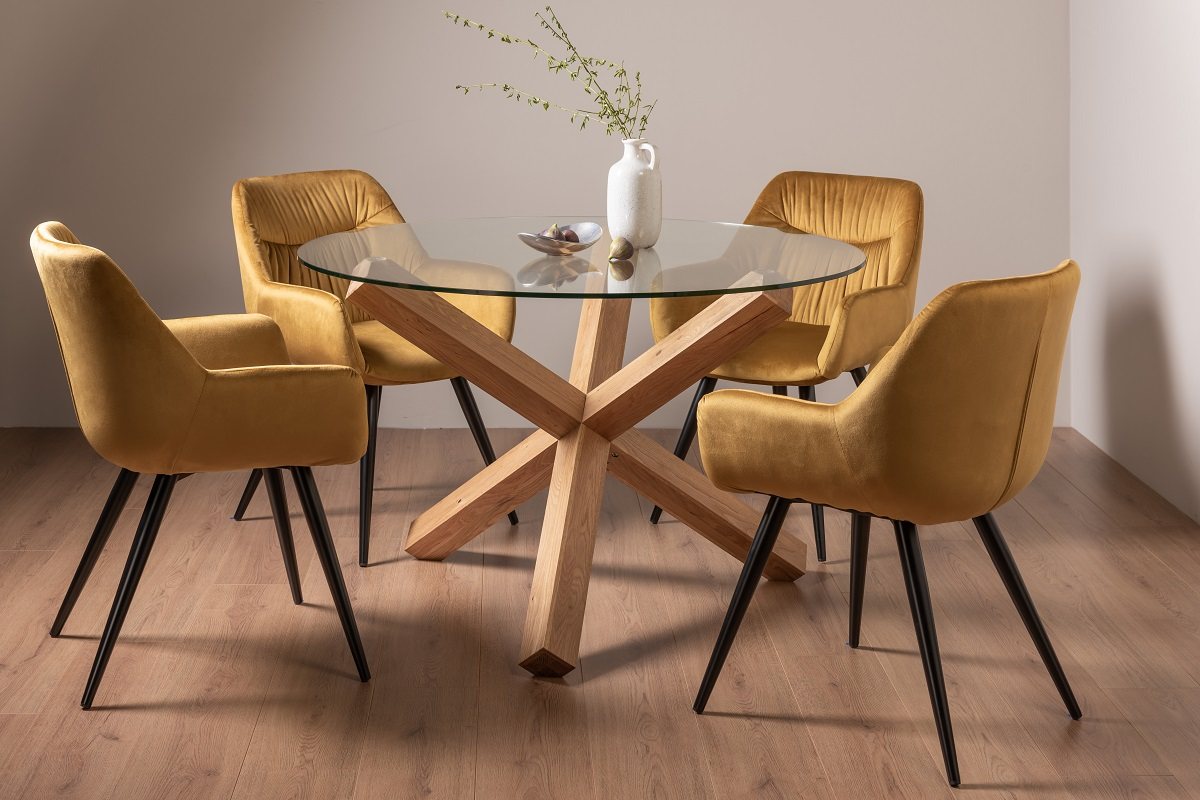 Goya Light Oak Glass 4 Seater Dining Table & 4 Dali Chairs in Mustard Velvet Fabric