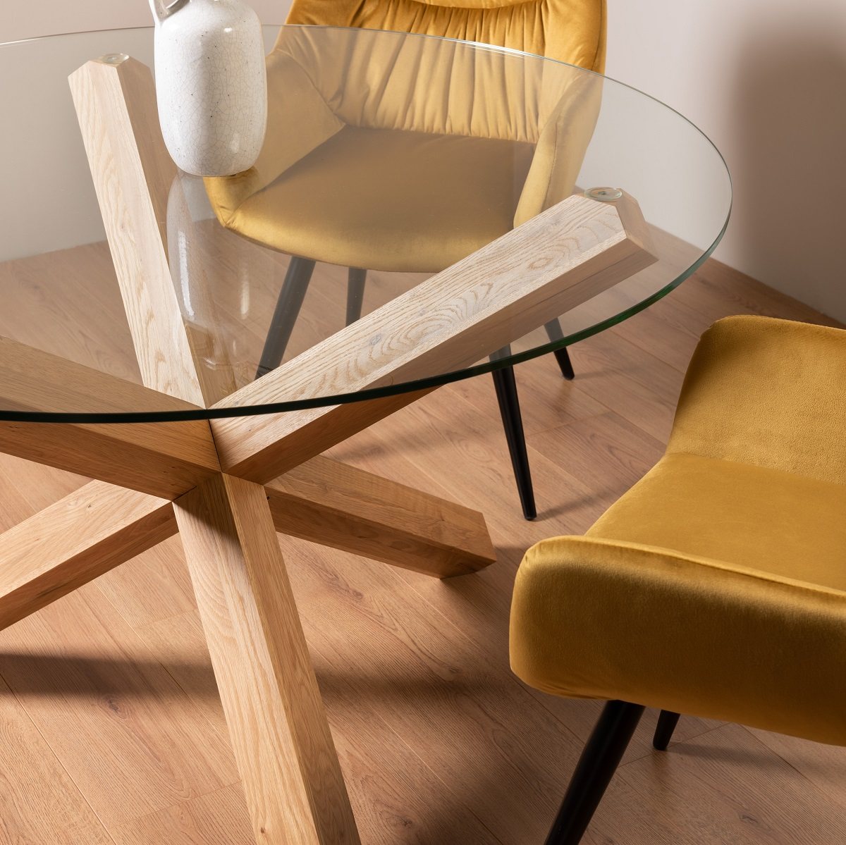 Goya - Light Oak Glass 4 Seater Dining Table & 4 Mustard Velvet Dali Dining Chairs