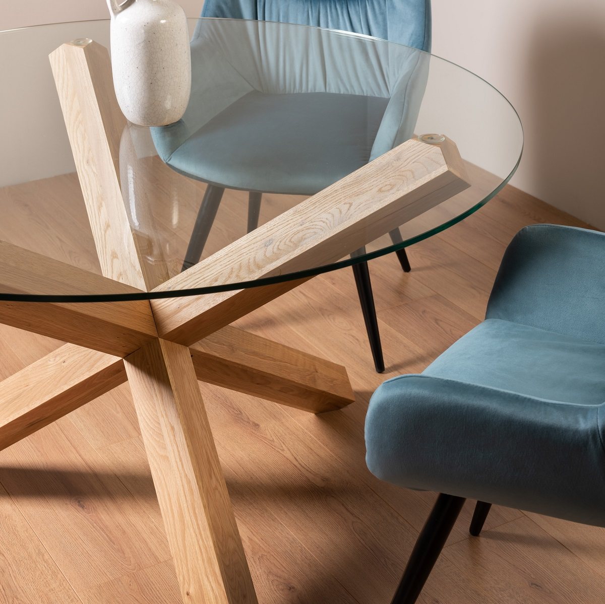 Goya - Light Oak Glass 4 Seater Dining Table & 4 Blue Velvet Dali Dining Chairs