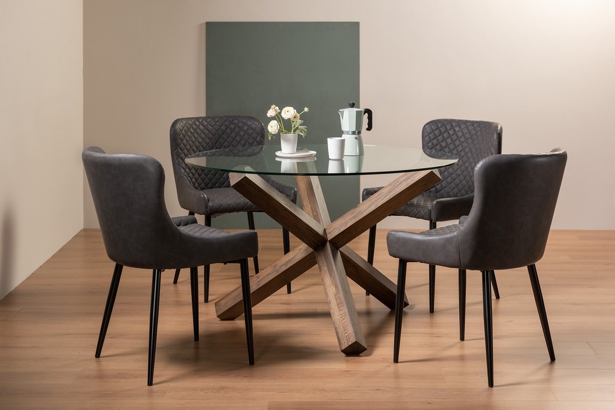 Goya Dark Oak Glass 4 Seater Dining Table & 4 Cezanne Chairs in Dark Grey Faux Leather with Black Legs