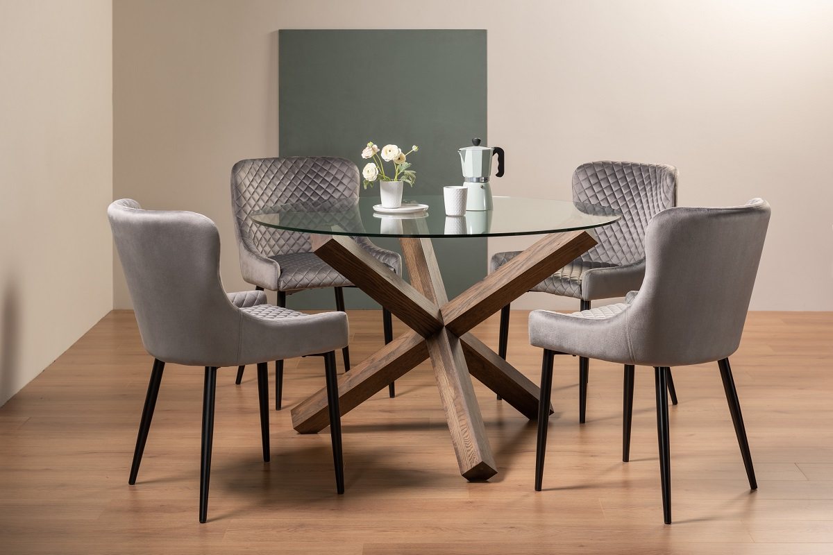 Goya Dark Oak Glass 4 Seater Dining Table & 4 Cezanne Chairs in Grey Velvet Fabric with Black Legs